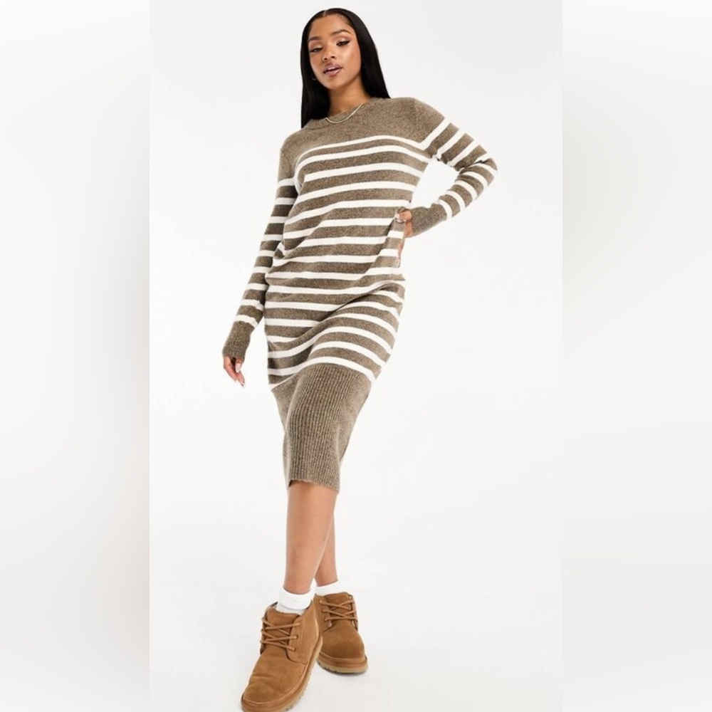 Vera Moda long sleeve knitted sweater maxi dress in brown stripe
